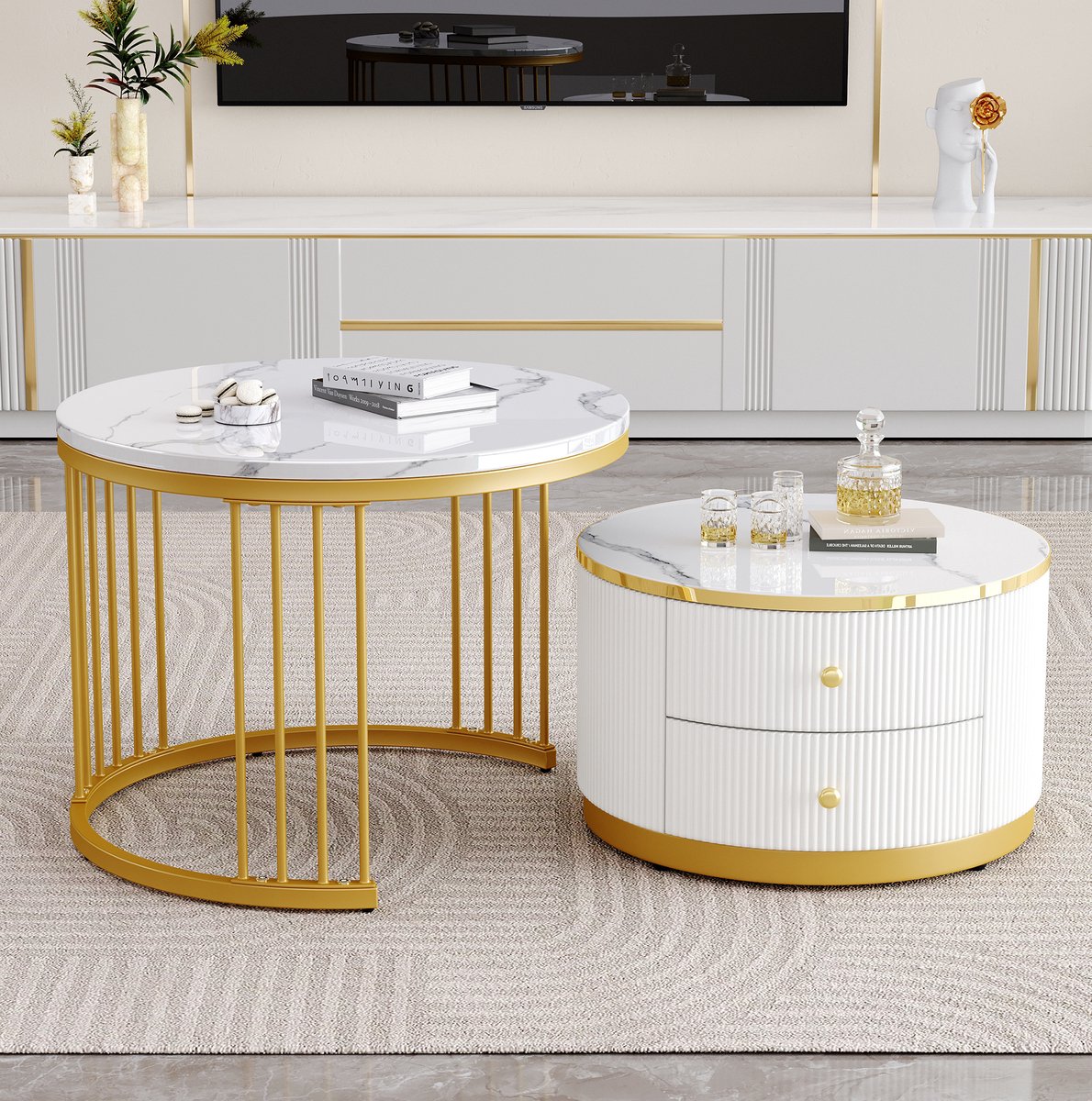 HAUSS SPOLE Salontafel Set Van 2 - Ronde Nesttafels Met Hoogglans Marmorlook En 2 Lades - Voor Woonkamer - MDF - 60x60x45,5 Cm - Wit
