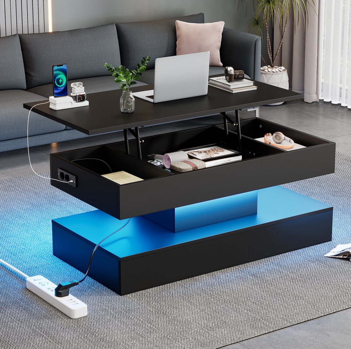 HAUSS SPOLE Salontafel - Verstelbaar Blad Met Led En Verborgen Opbergruimte - Voor Woonkamer En Thuiswerken - Spaanplaat - 100x50x42 Cm - Zwart