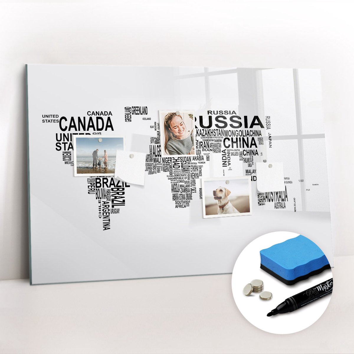Tulup Whitebord - Continenten gemaakt van letters - 90 x 60 cm - Grijs Magneetbord Rechthoekig - Gratis 5 Sterke Magneten + Whiteboard Marker & Wisser - Scandinavisch Design Bord - Magneetbord Keuken - Planning Muur