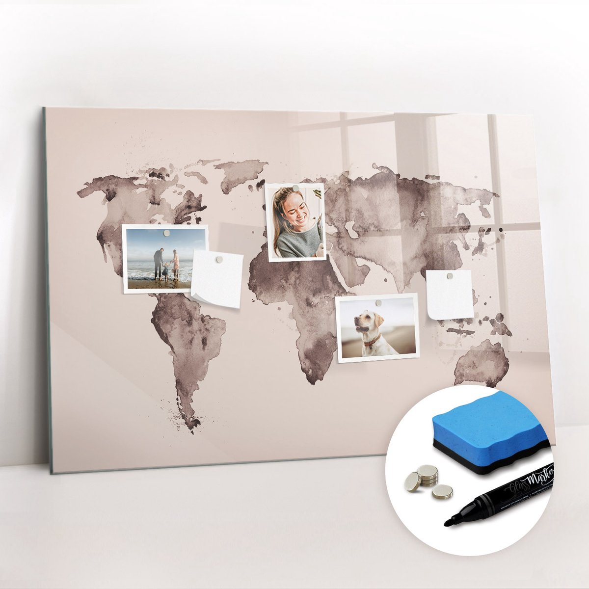 Tulup Whitebord - Inktkaart van de wereld - 90 x 60 cm - Grijs Memobord Glas - Gratis 5 Sterke Magneten + Whiteboard Marker & Wisser - Interieur Accessoires Kantoor - Magnetisch Bord Kind - Inspiratiebord Kantoor