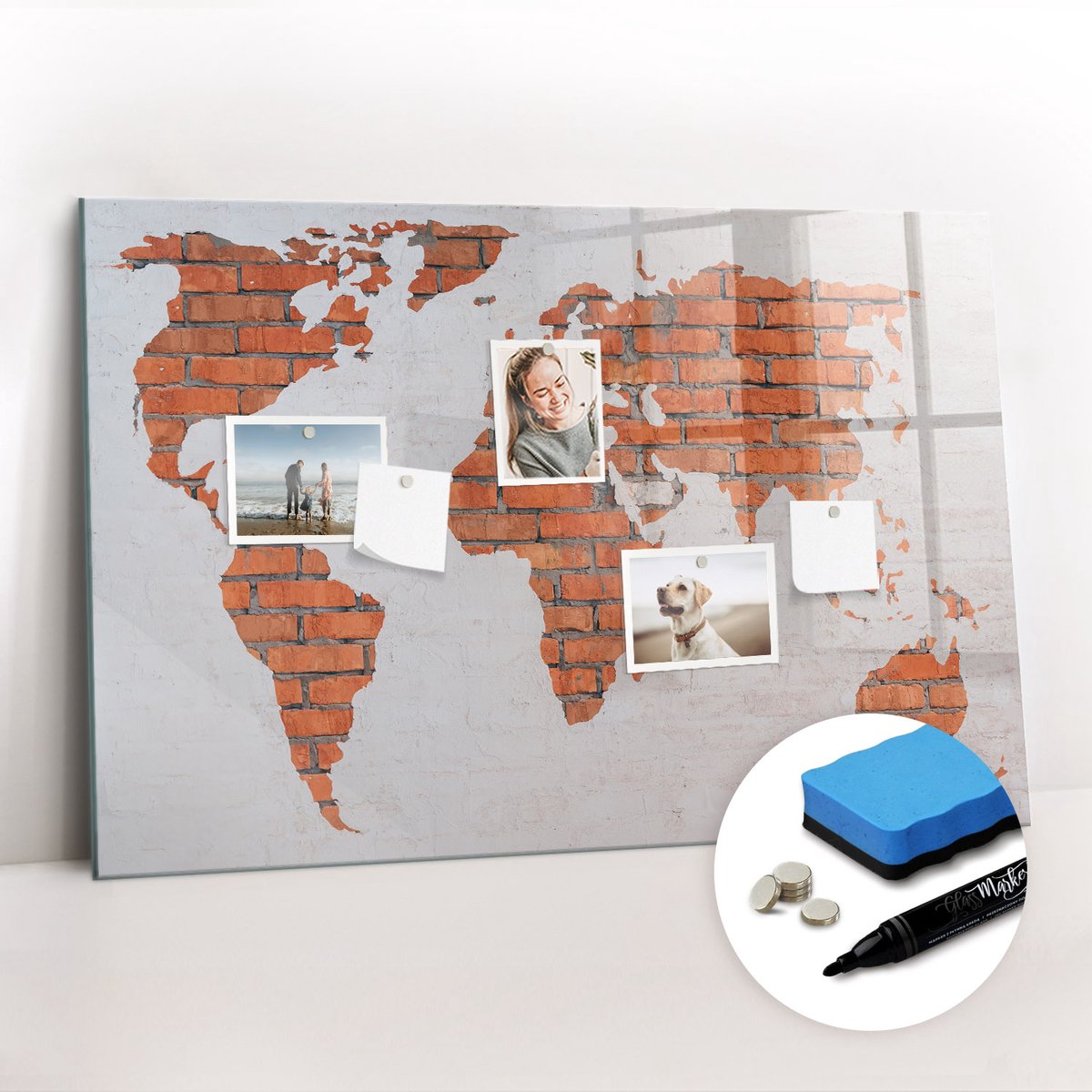 Tulup Whitebord - Gipsen wereldkaart - 90 x 60 cm - Veelkleurig Memo Bord - Gratis 5 Sterke Magneten + Whiteboard Marker & Wisser - Wanddecoratie Kantoor - Magneetbord Foto - Ideeënbord Thuiswerkplek