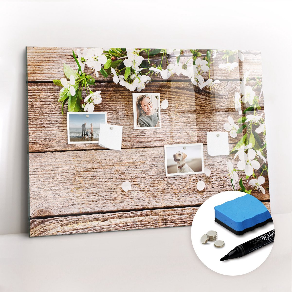 Tulup Whitebord - Bloemen op hout - 100 x 70 cm - Bruin Memobord Magnetisch - Gratis 5 Sterke Magneten + Whiteboard Marker & Wisser - Minimalistisch Prikbord - Magneetbord Design - Notitiebord Werkplek
