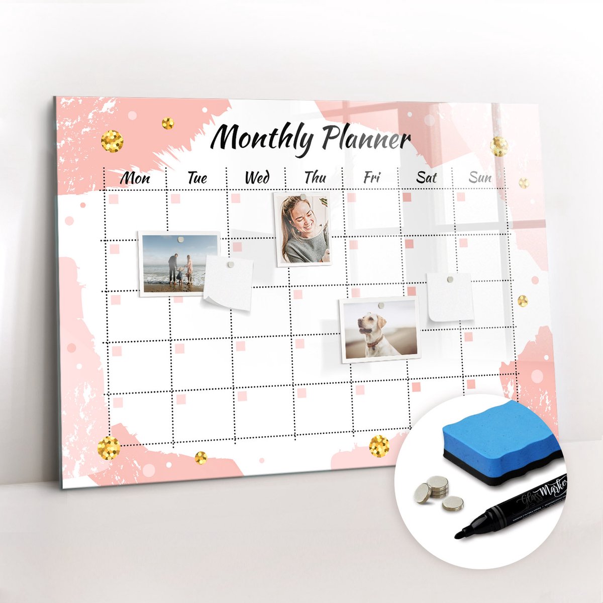 Tulup Whitebord - Klassieke maandplanner - 100 x 70 cm - Roze Memobord Magnetisch - Gratis 5 Sterke Magneten + Whiteboard Marker & Wisser - Industrieel Wandbord - Magneetbord Foto - Productiviteit Tools