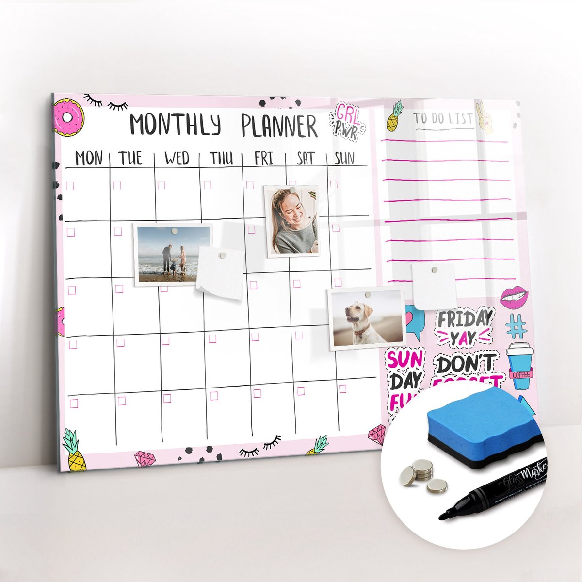 Tulup Whitebord - Gezellige maandplanner - 100 x 70 cm - Veelkleurig Foto Magneetbord - Gratis 5 Sterke Magneten + Whiteboard Marker & Wisser - Design Memobord - Memobord Magnetisch - Productiviteit Tools
