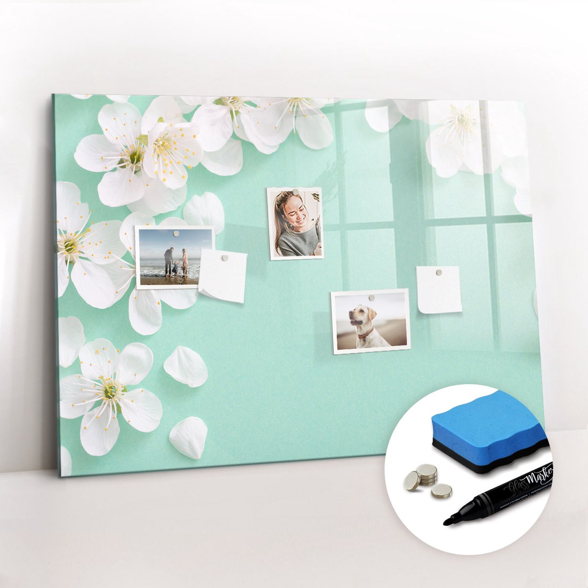 Tulup Whitebord - Bloeiende madeliefjes - 100 x 70 cm - Turkoois Magnet Board - Gratis 5 Sterke Magneten + Whiteboard Marker & Wisser - Scandinavisch Design Bord - Magnetisch Wandbord - Organiseer Je Bureau