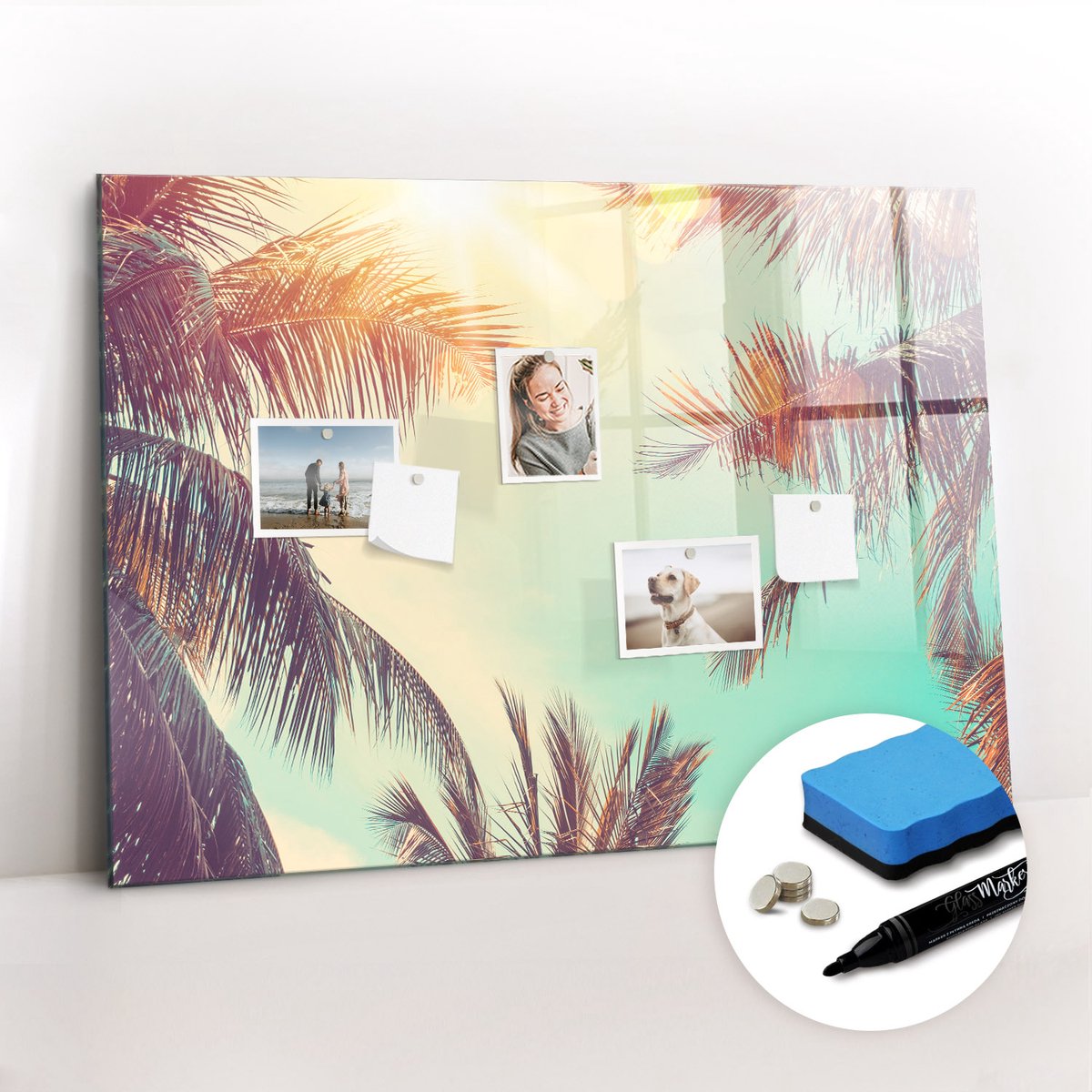Tulup Whitebord - Tropische palmbomen - 100 x 70 cm - Veelkleurig Magneetbord Keuken - Gratis 5 Sterke Magneten + Whiteboard Marker & Wisser - Minimalistisch Prikbord - Magnetisch Bord - Notitiebord Werkplek
