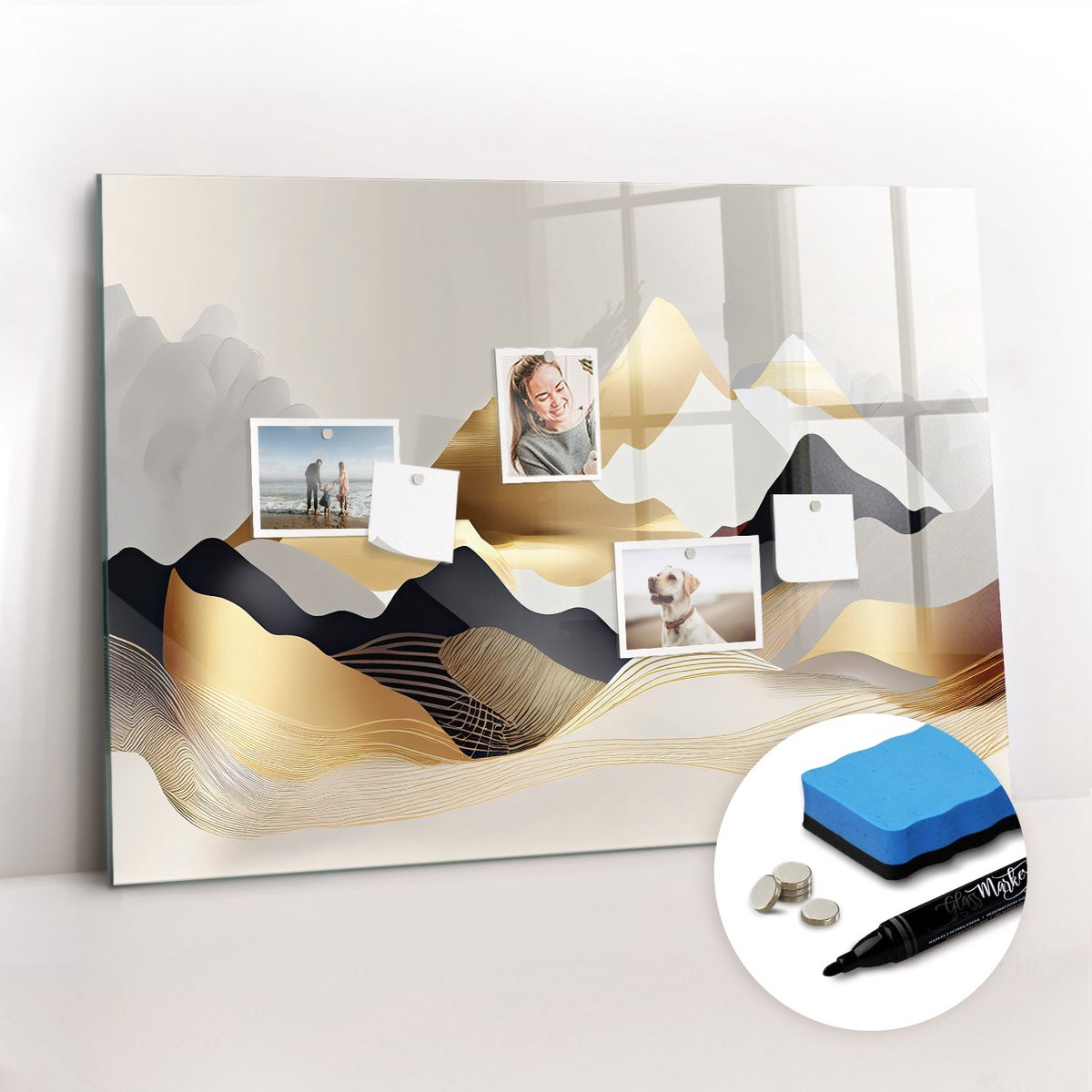 Tulup Whitebord - Abstracte bergen - 100 x 70 cm - Veelkleurig Metalen magneetborden met lijst - Gratis 5 Sterke Magneten + Whiteboard Marker & Wisser - Interieur Accessoires Kantoor - Magnet Board - Inspiratiebord Kantoor