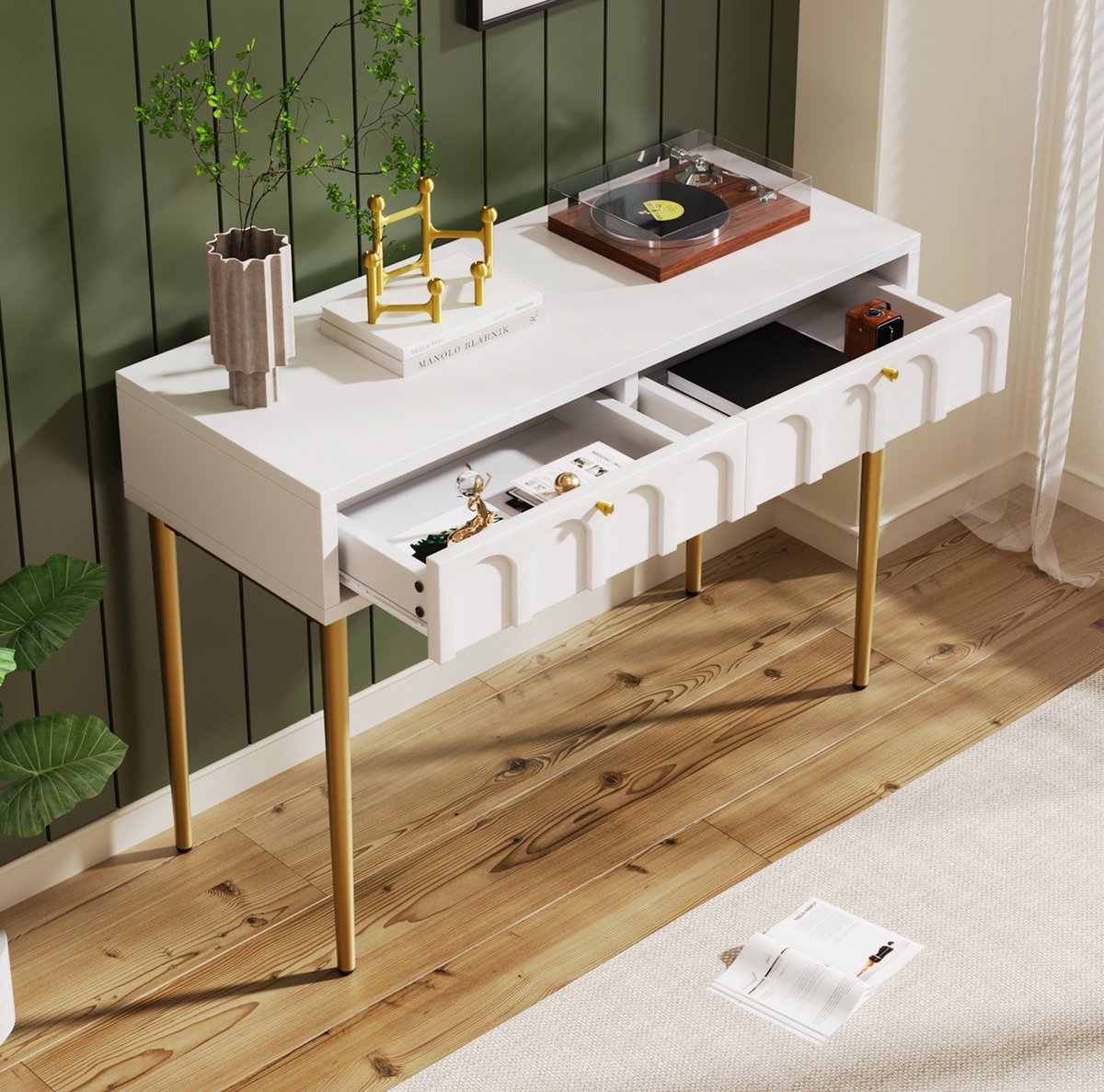 HAUSS SPOLE Dressoir - Schminktafel Met 2 Laden En Compact Design - Voor Slaapkamer En Verzorgingshoek - Spaanplaat En Metaal - 100x45x76,5 Cm - Crèmewit