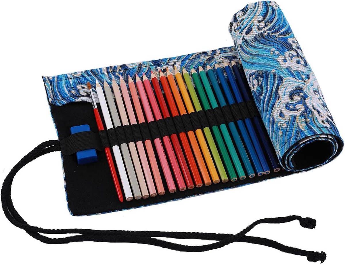 Etui voor Potloden - Rol-etui Pennenhouder - Kunst Benodigdheden Opbergen - Bescherming Penpunt Strap - 72 Stuks - Blauw