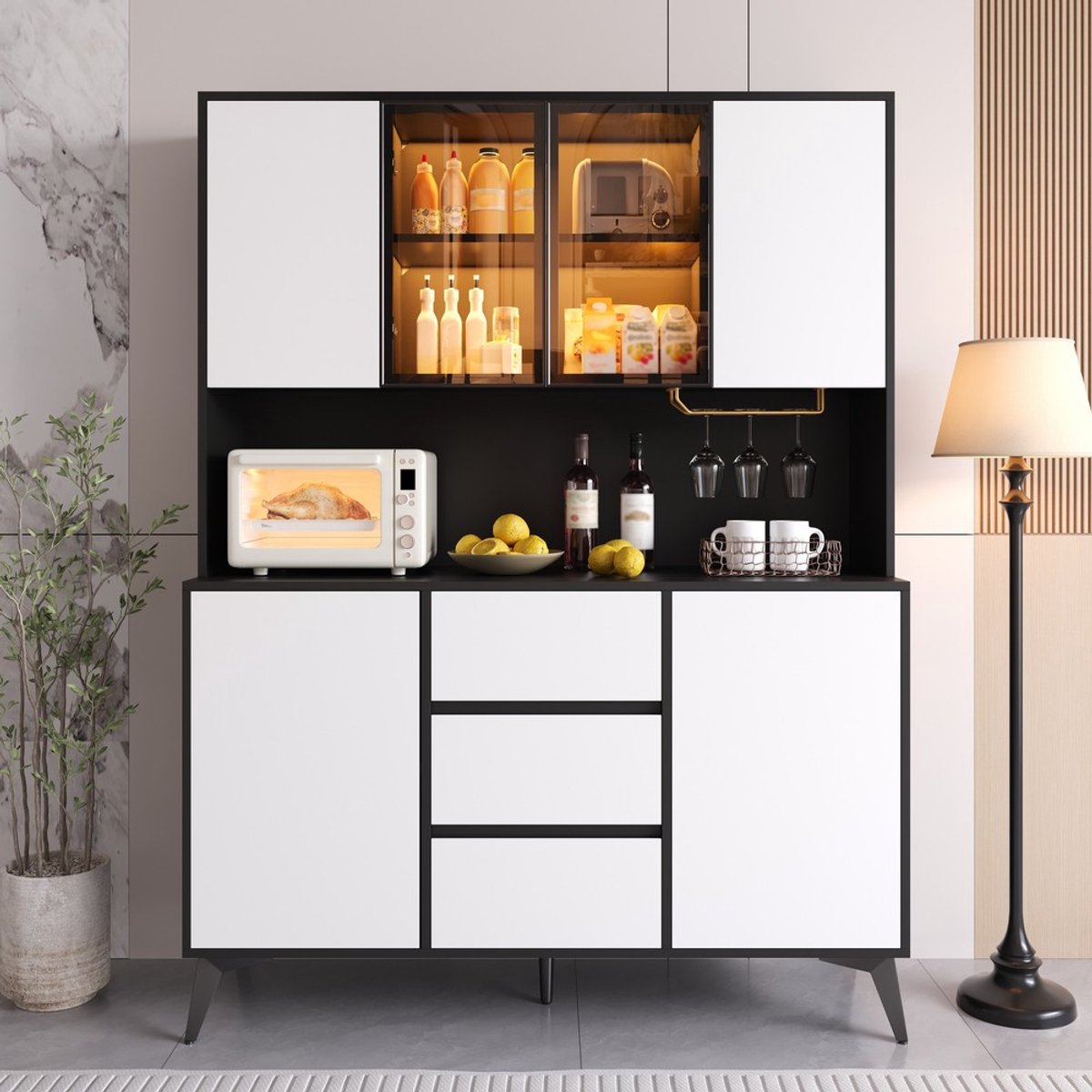 KOMHTOM Dressoir - Zwart Wit - 3 Lades - Glazen Deuren - Woonkamer Eetkamer - Sideboard - Vitrinekast - Gouden Handgrepen - LED Verlichting - Modern Design - Keuken Hal - Opbergkast