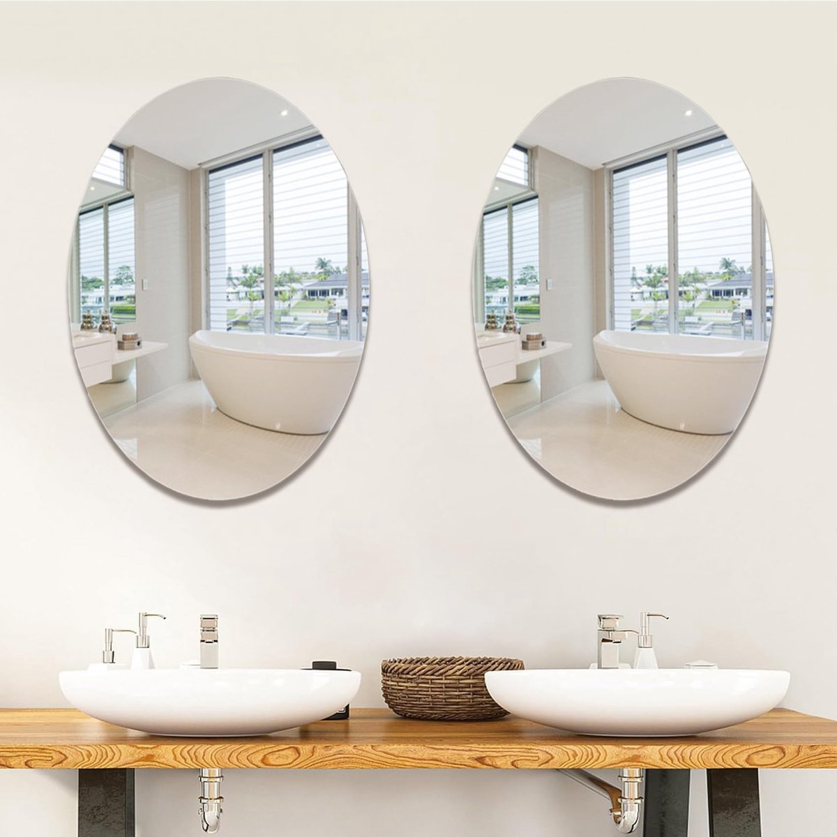 wandspiegel zonder glas, 2 stuks, ovale ijdelheidsspiegel zelfklevende acrylspiegel, muursticker, flexibele frameloze plastic spiegel, decoratieve wandspiegel voor badkamer, woonkamer, entree