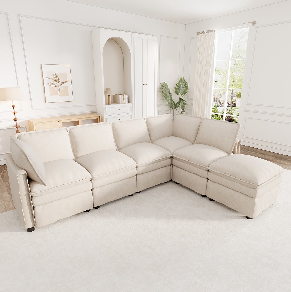 HAUSS SPOLE U-Bank - Modulaire Hoekbank Met Slaapfunctie - Vrij Opstelbaar Met Hocker - 6-Zits Voor Woonkamer En Kantoor - Chenille Beige