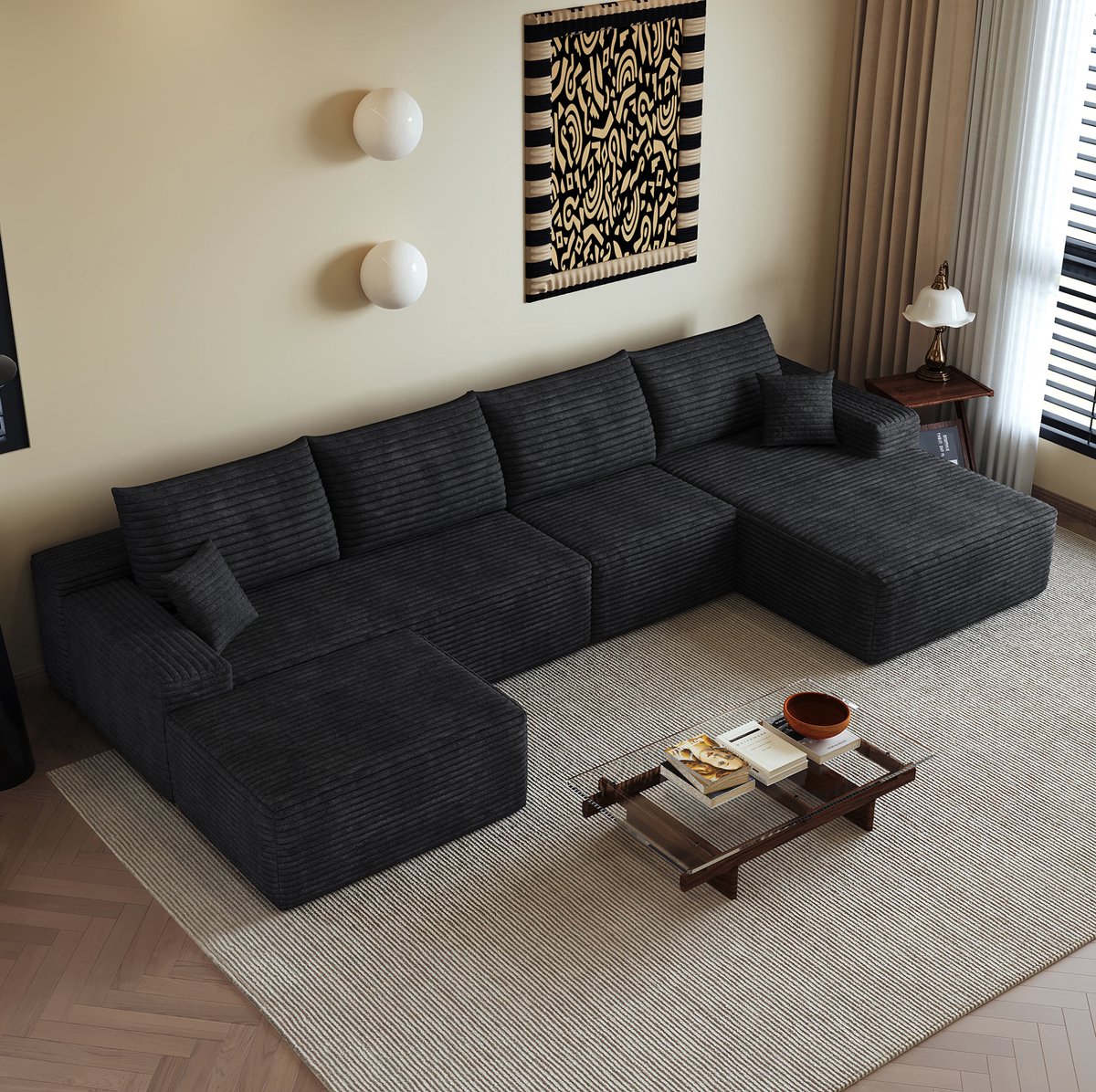 FloraGrace Hoekbank 340 Cm – Modulaire Bank Met L-Vormige Chaise Longue – Zonder Montage Voor Woonkamer Of Slaapkamer – Stof – Zwart