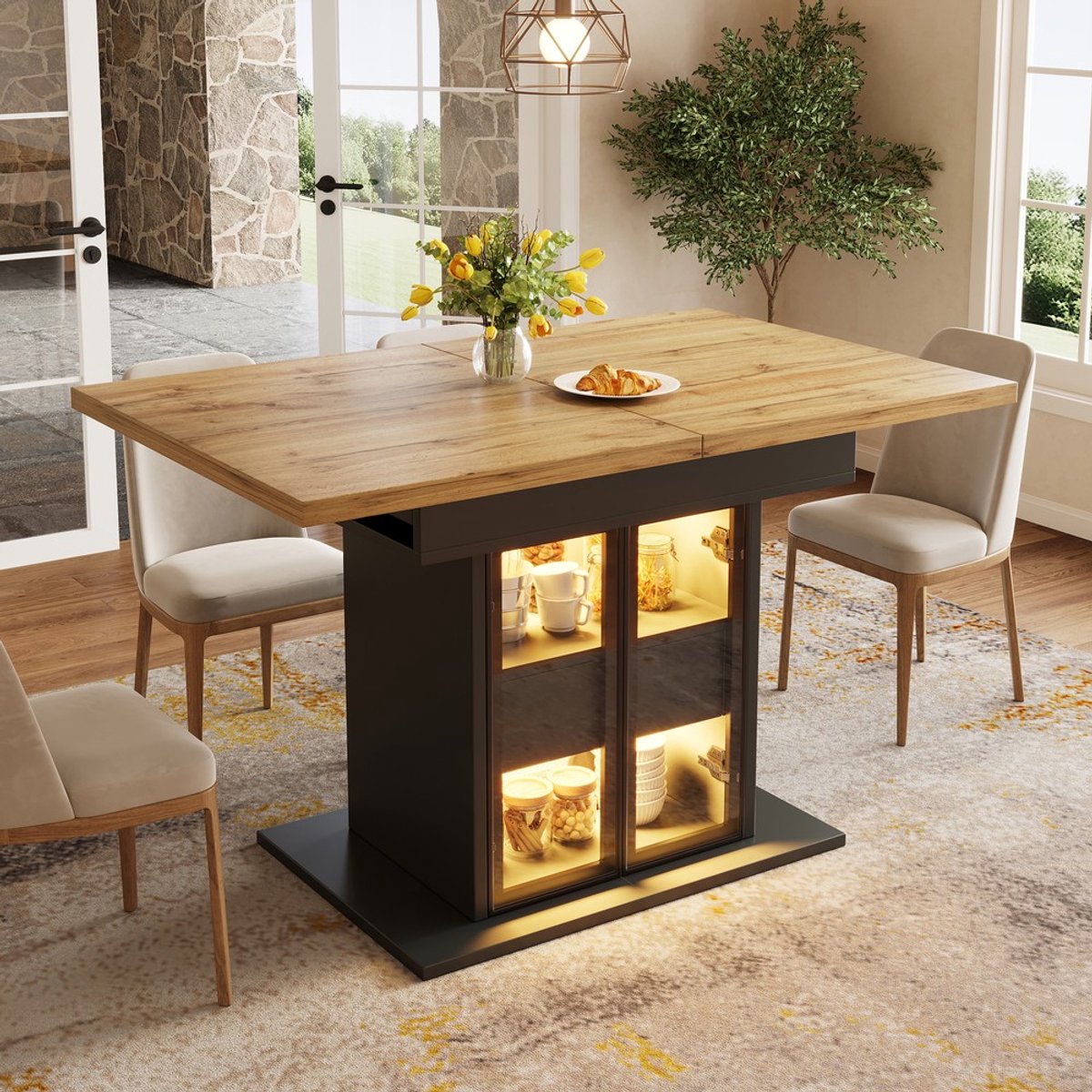 KOMHTOM Uitschuifbare eettafel - 110-140 cm - Met opbergruimte en RGB LED-verlichting - Glazen schuifdeuren - Wit zwart - Modern design keukentafel - Zonder stoelen