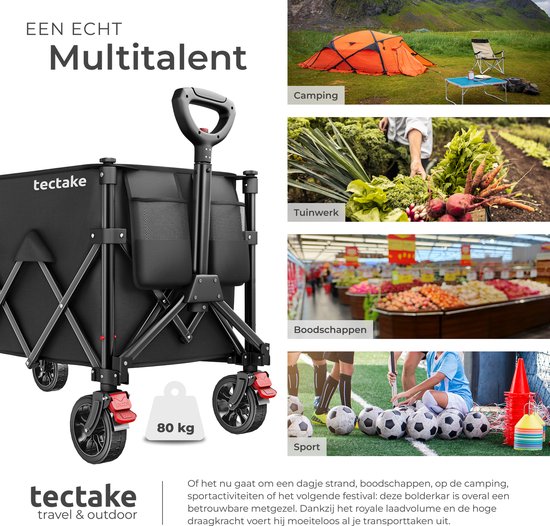tectake® Bolderkar - Opvouwbaar - 80 kg Draagkracht - Draaibare Massieve wielen met Rem - 45 x 88 x 95 cm - Bolderkarren - Bolderwagen - Met Verstelbare Duwstang - Handkar - Waterafstotende Transportwagen - Met Legplank en Binnenvak van Merkloos — afbeelding 3