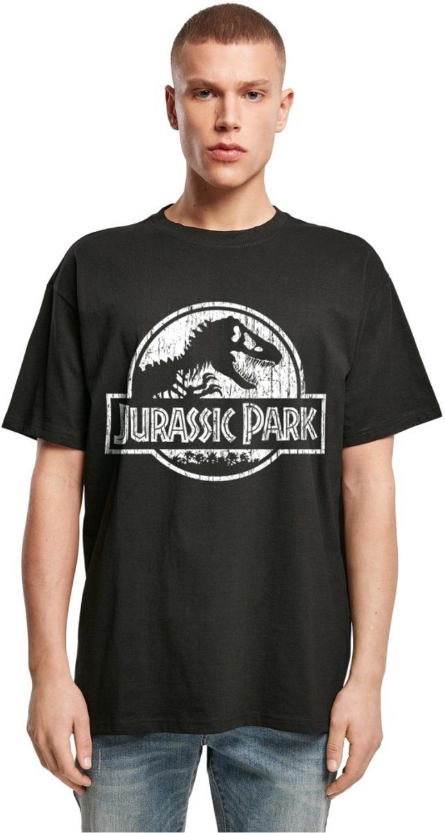 Merchcode Jurassic Park - Distressed Logo Oversize Heren Tshirt - S - Zwart