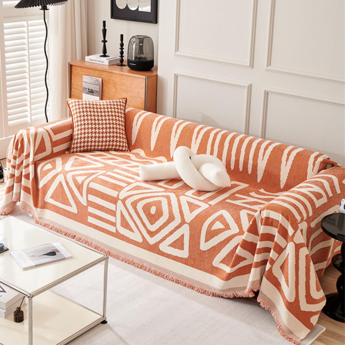 Bankovertrek, grote 2/3-zitsbank, veelzijdige woondeken als decoratieve deken, bankovertrek en sprei met decoratieve kwastjes, 180 x 420 cm, oranje
