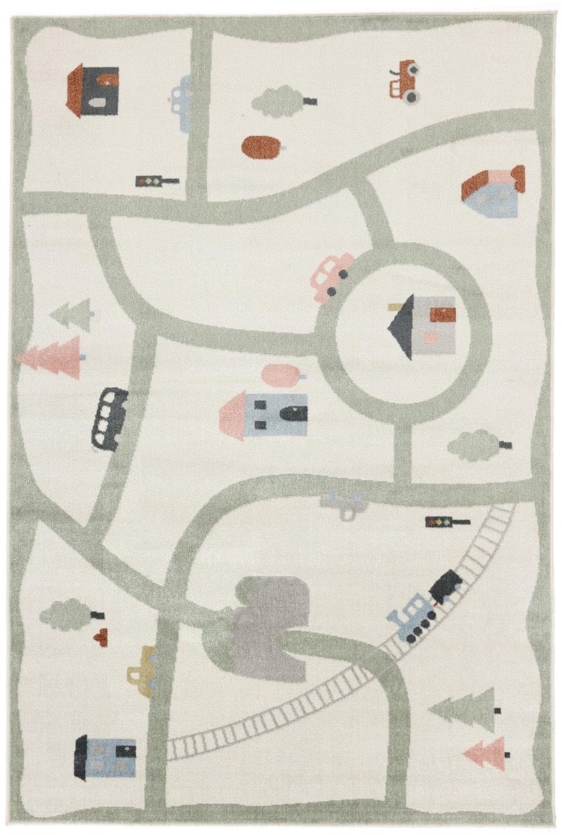 Road map, Kinderkleed, Moderne Kinderen, 100 x 160 cm, Rechthoekig, Laagpolig, Kinderkamer, Machinewas, Zonder gevaarlijke chemicaliën, Wit/Multi