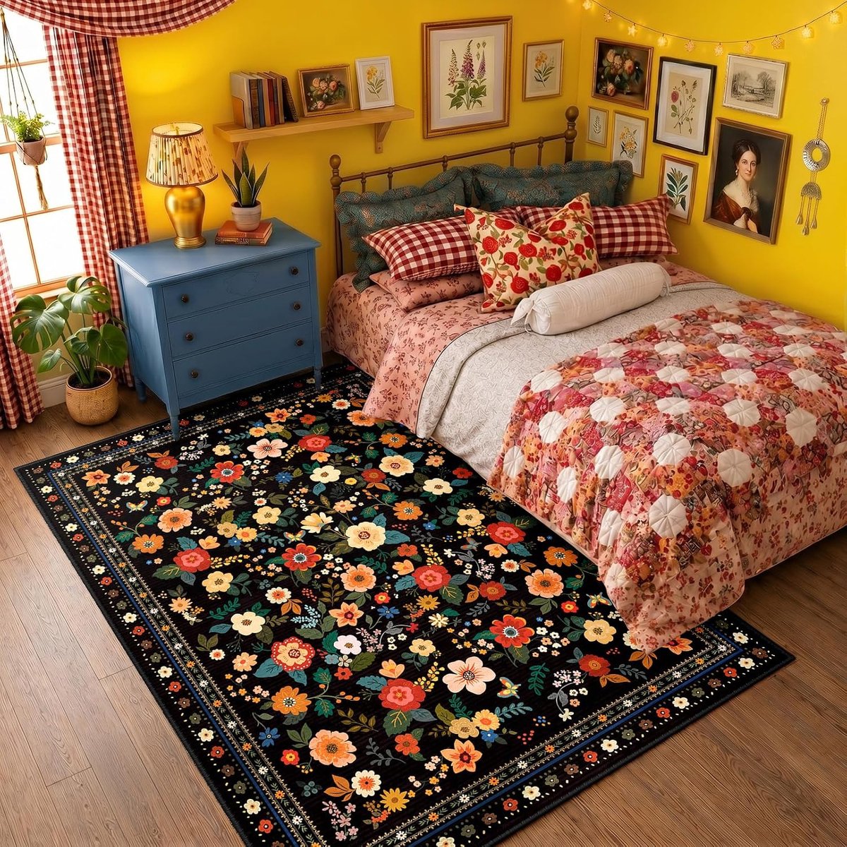 Wasbaar Tapijt 120x180 cm, Boho Stijl, Korte Pool, Antislip, Bloemenprint Ontwerp, voor Woonkamer, Slaapkamer, Eetkamer, Kantoor, Kinderkamer, Zwart