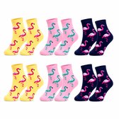 Breitex® Meisjessokken Flamingo's – 6 Paar – Kindersokken Katoen – Roze, Blauw & Geel – Maat 27-30