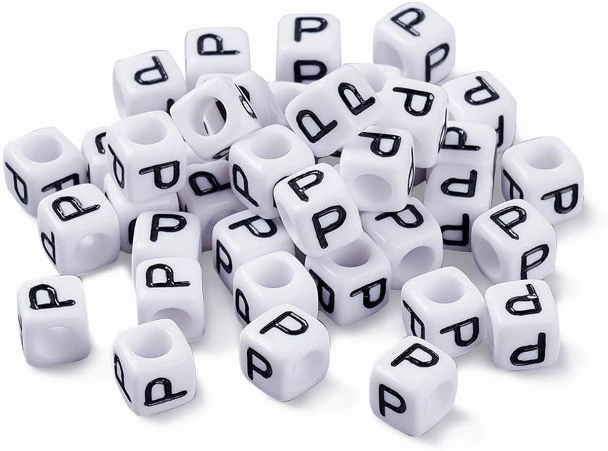 50g/300 stks 6mm Acryl Alfabet Cube Kralen Letter P Vierkante Pony Losse Kralen Spacers voor Kids Sieraden Armband Maken (Wit)
