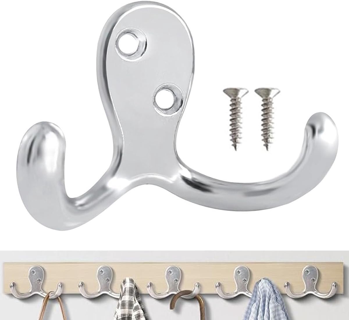 Set van 6 kapstokhaken, wandhaken om op te hangen, zware metalen haak met dubbele pen, wandmontage voor woonkamer, badkamer, keuken, slaapkamer, voor jas, tas, sjaal, handdoek, hoed, sleutel
