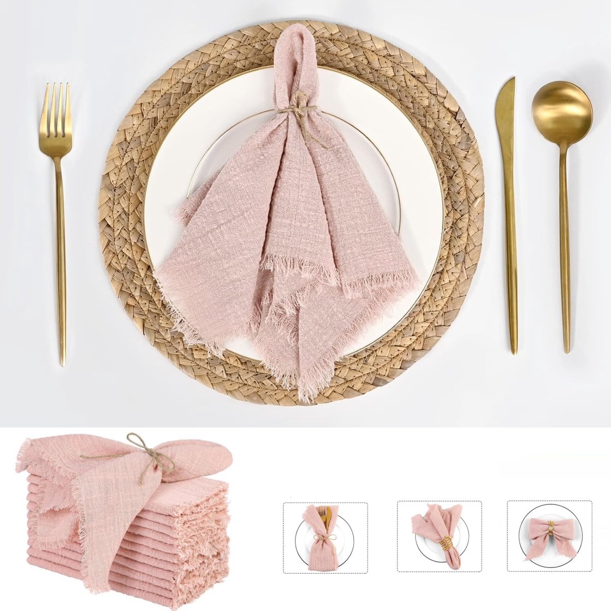 10 Stuks Zachte Katoenen Gaas Servetten – 42x42 cm – Wasbaar en Herbruikbaar – Met Franjes – Perfect voor Tafeldecoratie, Bruiloft, Pasen en Feesten – Roze