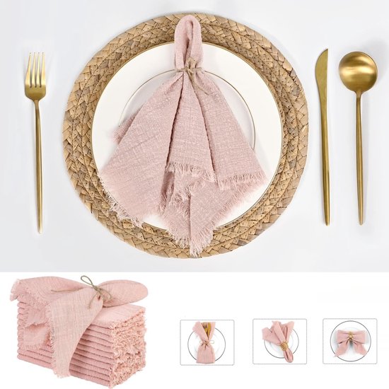 10 Stuks Zachte Katoenen Gaas Servetten – 42x42 cm – Wasbaar en Herbruikbaar – Met Franjes – Perfect voor Tafeldecoratie, Bruiloft, Pasen en Feesten – Roze