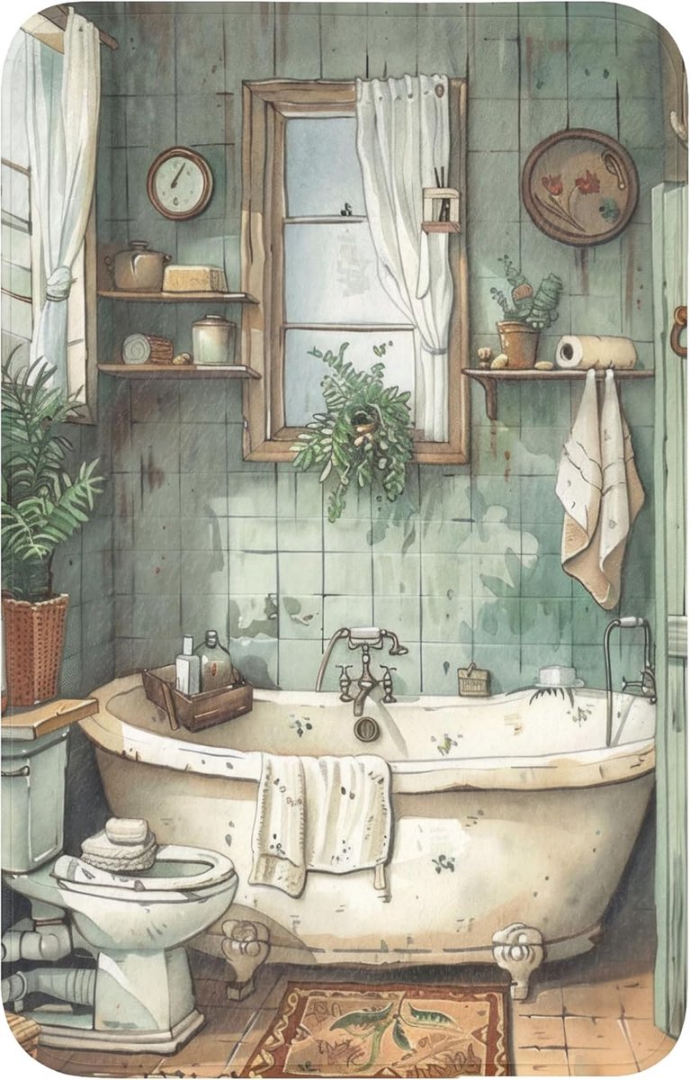 Badmat Rechthoekig 50x80 cm Badkamer Bath Mat Douchemat Antislip Wc Badkamermat Memory Foam Wasbaar Bathroom Toilet Mats Washable Vintage - Badkuip - Illustratie