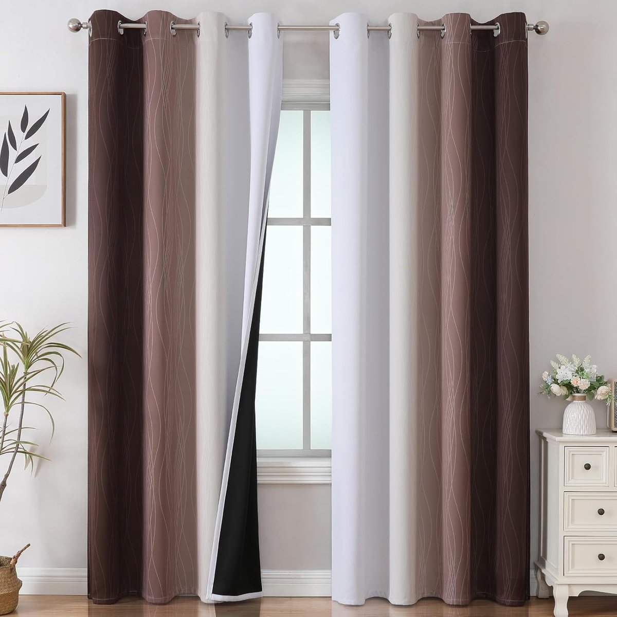 kleurverloop geluidsisolatie dichte gordijnen voor woonkamer, thermogordijn hittebescherming tegen koude, verduisterende gordijnen voor slaapkamer, H 214 x B 132 cm, bruin en wit, set van 2