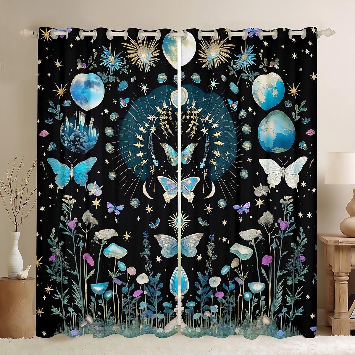 vlindergordijn, glanzende sterren, maan, planeet, print, raamgordijnen voor meisjes en jongens, aquarel, bloemen, groene bladeren, planten, raambehandeling, gordijnen voor woonkamer, maat S
