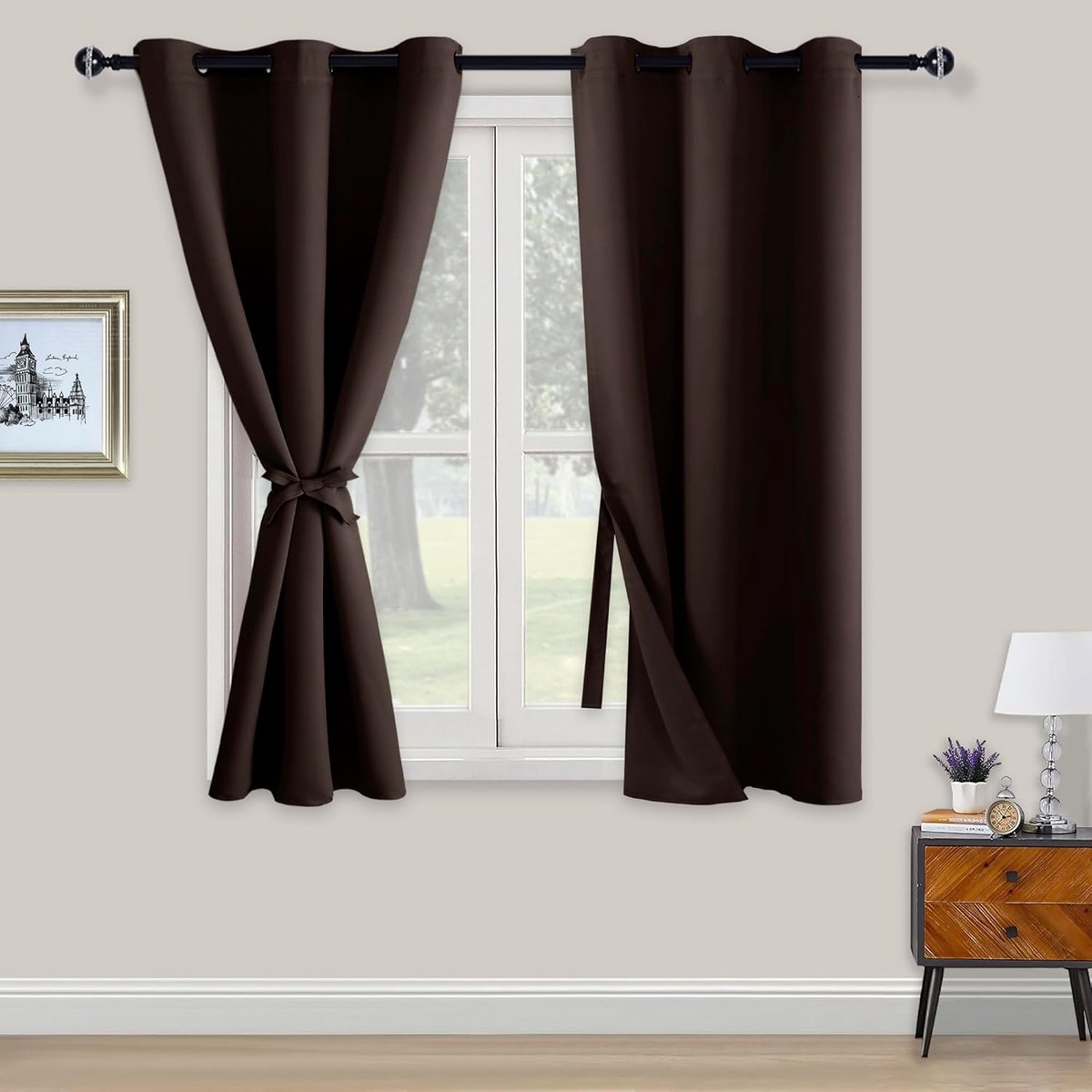 Ondoorzichtige verduisteringsgordijnen met ogen, set van 2, gordijnen met linten, ondoorzichtige gordijnen voor slaapkamer, woonkamer, kantoor, 138 x 117 cm, bruin