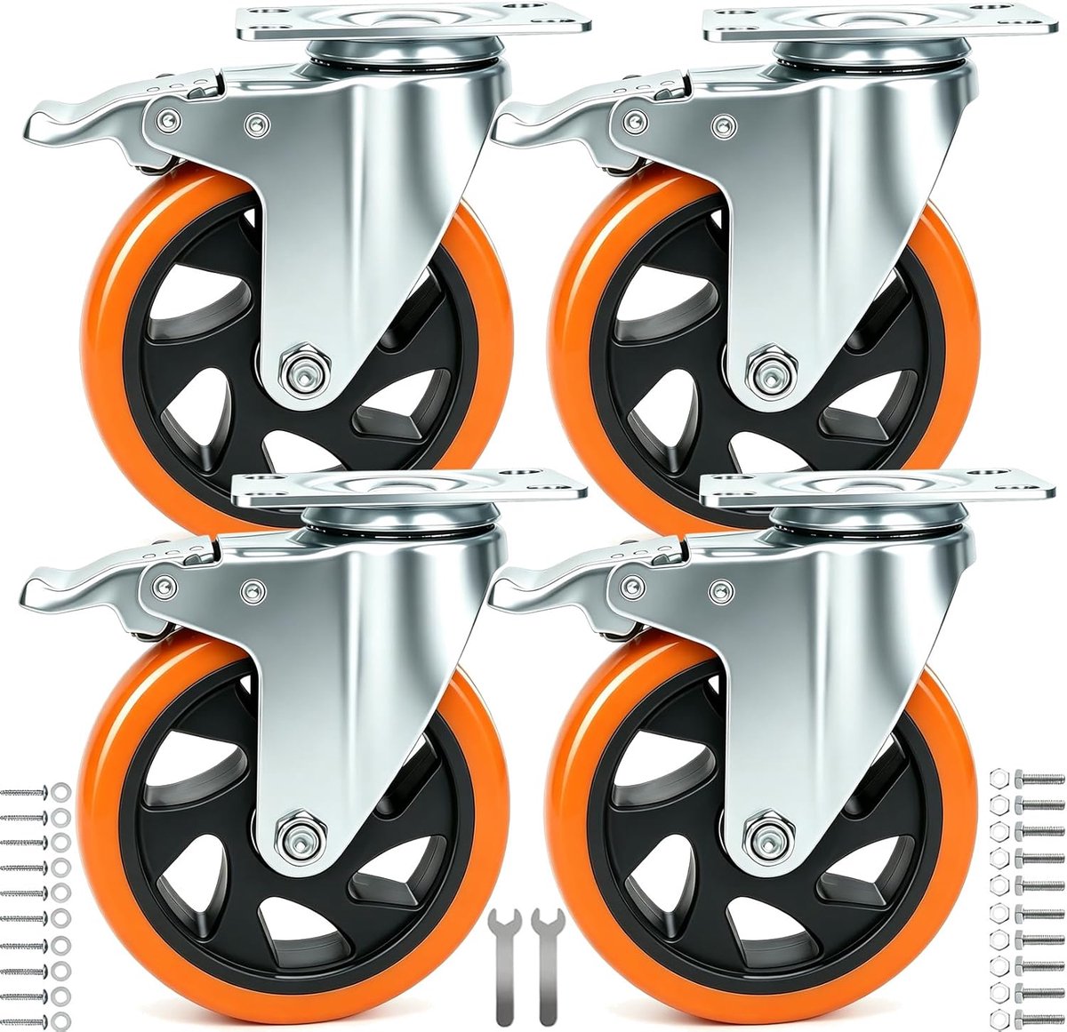 Draaiwiel met rem 125 mm, 4 wielen voor meubels, wielen, zware belasting, wiel industriële platen, transport, max. 900 kg (16 bouten en moeren inbegrepen)