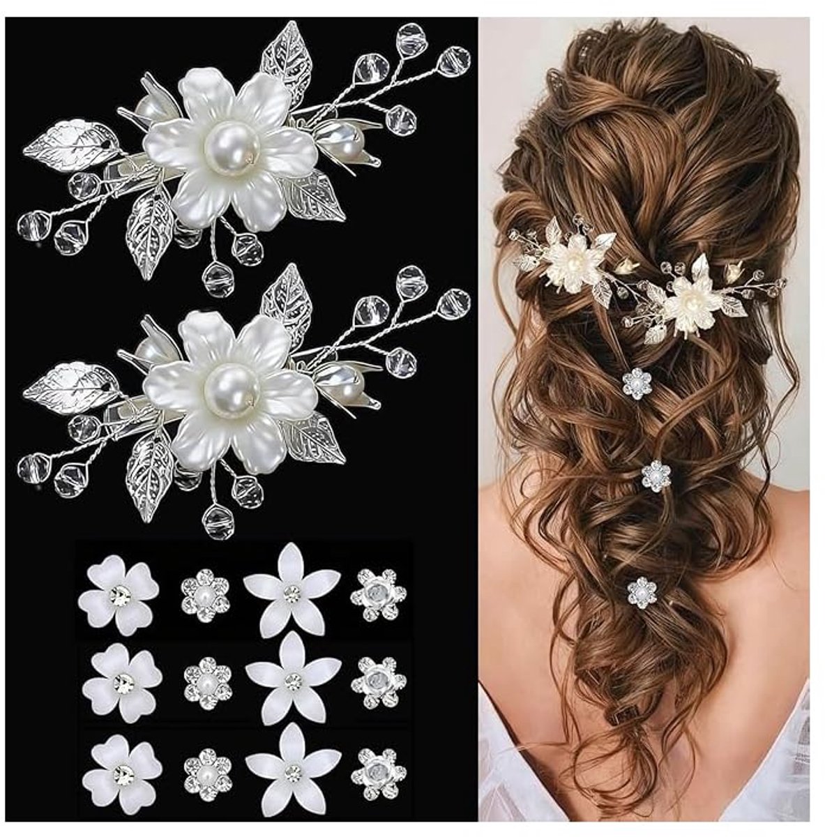 14-delig Haaraccessoire-Set voor Bloemenmeisjes, handgemaakte Haarspelden met zilverkleurig blad-, bloemen-, parel- en kristalontwerp en Mini-bloemen, wit