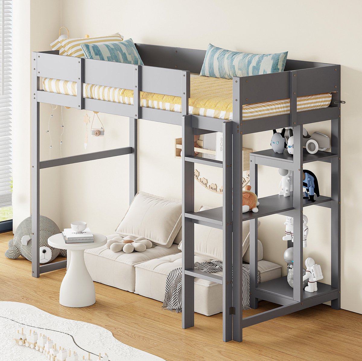MIVRAY Hoogslaper 90x200 cm Zonder Matras - Eenpersoonsbed Met Opbergrek En Uitvalbeveiliging - Ruimtebesparend Kinderbed - Hout - Grijs