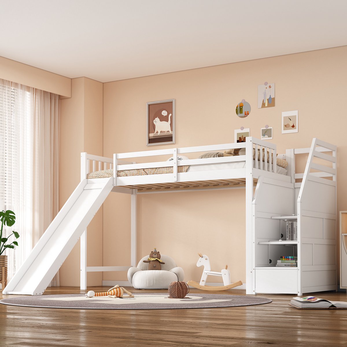 MIVRAY Hoogslaper 90x200 cm - Kinderbed Met Glijbaan en Opbergtrap - Zonder Matras en Met Ruimtebesparend Ontwerp - Hout en MDF - Wit