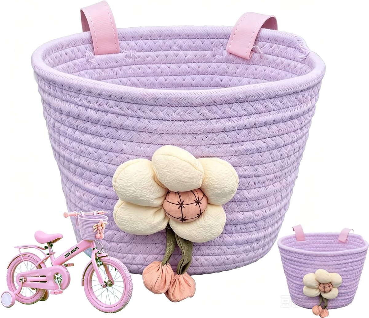 Fietsmand voor kinderen, afneembare extra grote voormand, kleurrijk geweven met bloemendecoratie, geschikt voor fietsaccessoires voor kinderen