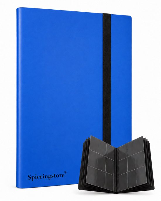 Blauwe verzamelmap van Spieringstore met open binnenzijde, 20 pagina's, 9 vakjes per pagina.