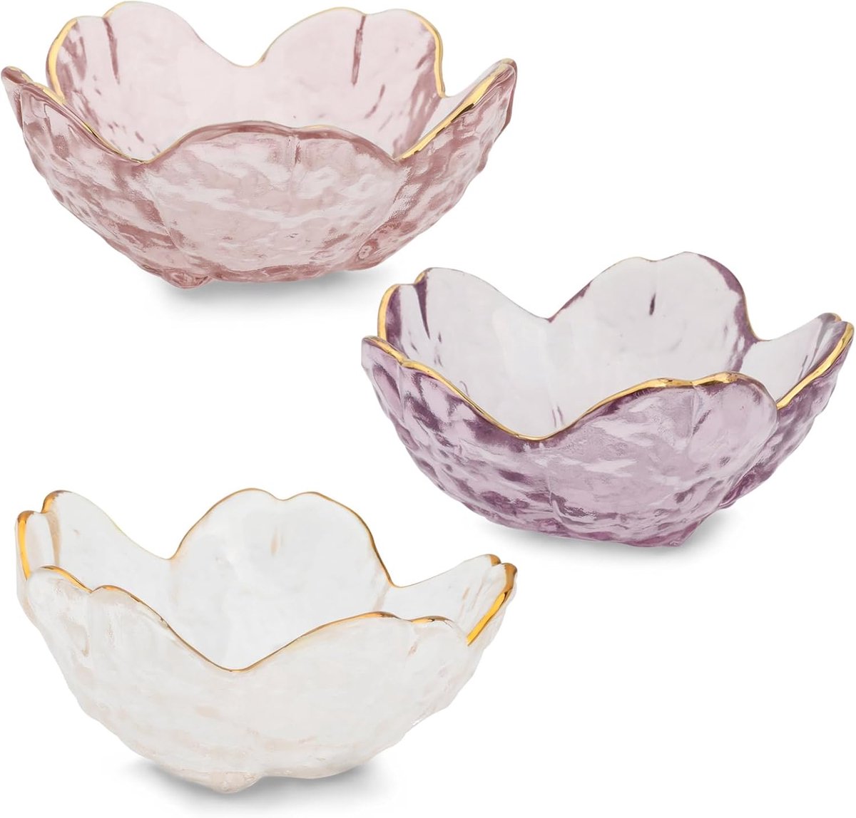 3 stuks bloemvorm glazen sieraden plaat schotel, snuisterij kom voor ringen oorbellen, decoratieve kleine sieraden lade schotel aanwezig voor vrouw vrouwen dochter (roze paars transparant)