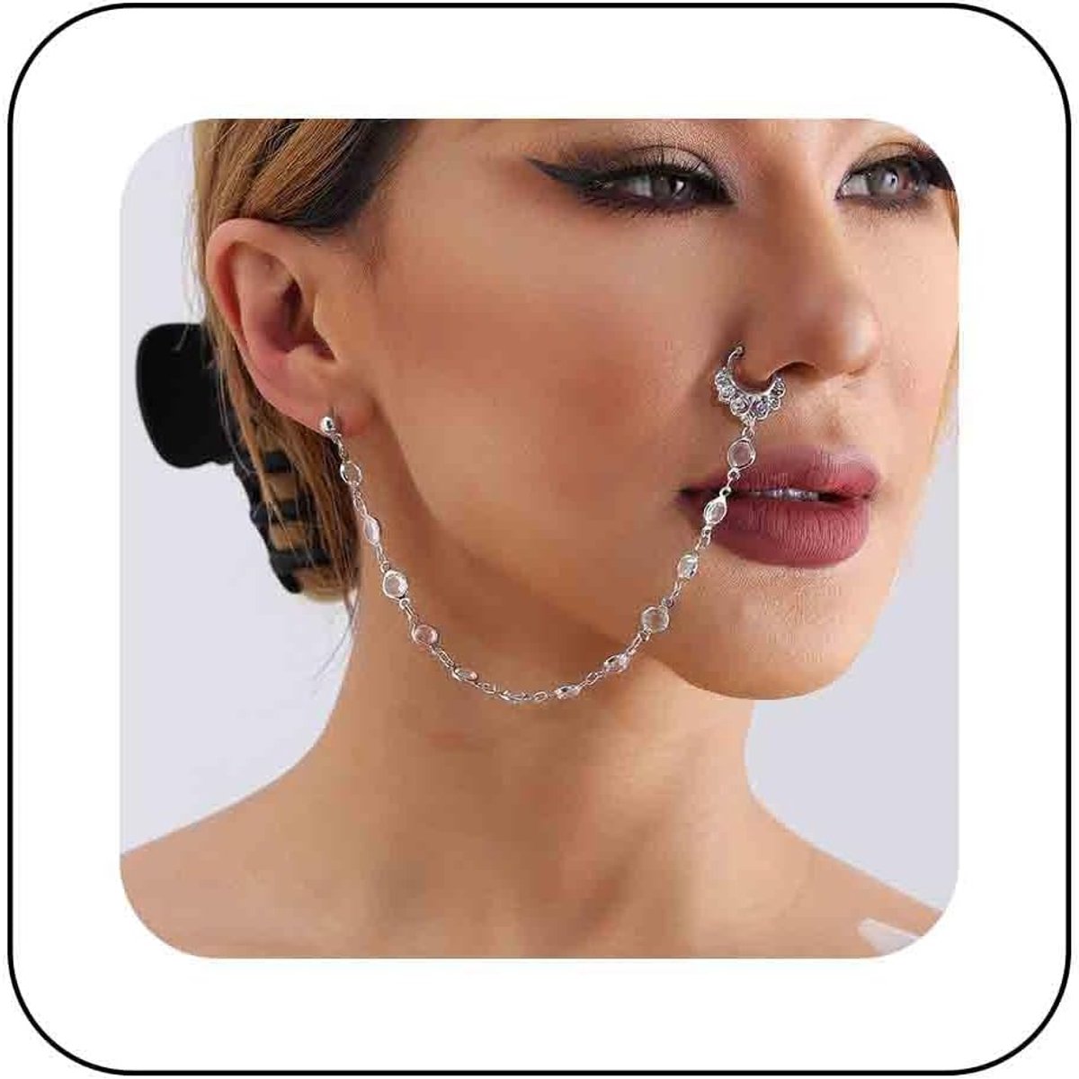 nep neusring, ketting, zilver, kristal, bengelen, neusring, ring met ketting, geen piercing, manchet, neus tot oor, ketting, faux strass, neus, ring, Indiase sieraden voor vrouwen en