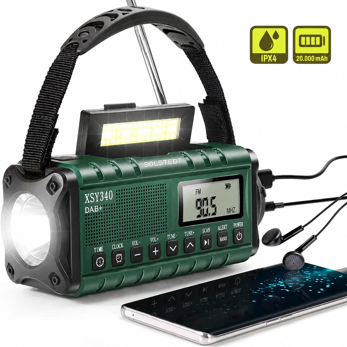 Solstedt® Noodradio - Altijd Overal Ontvangst - DAB+ - 20.000mAh - Noodradio Solar Opwindbaar - Met Krachtigste Powerbank - Noodradio Opwindbaar en Batterij - Draagbare Radio - Incl. Zaklamp - Noodpakket - USB Oplaadbaar - Groen