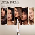 Gouden automatische krultang omringd door fotocollage van verschillende haartypes.