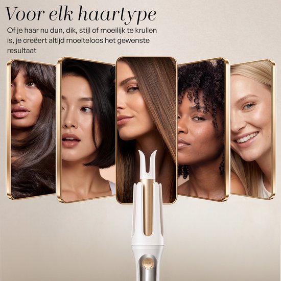 Gouden automatische krultang omringd door fotocollage van verschillende haartypes.