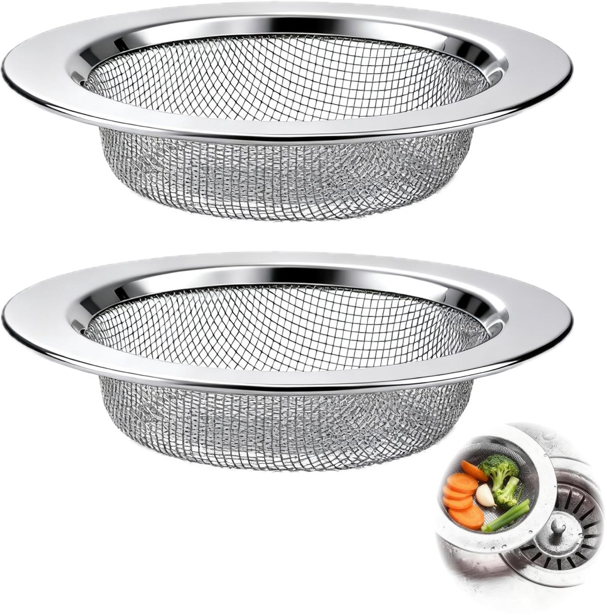 2 stuks gootsteenfilter van roestvrij staal, afvoerfilter Ø 7,5 cm, zeef voor gootsteen, keuken, fijnmazig, zeef tegen vuil, universele zeef voor wastafel, badkamer en douche