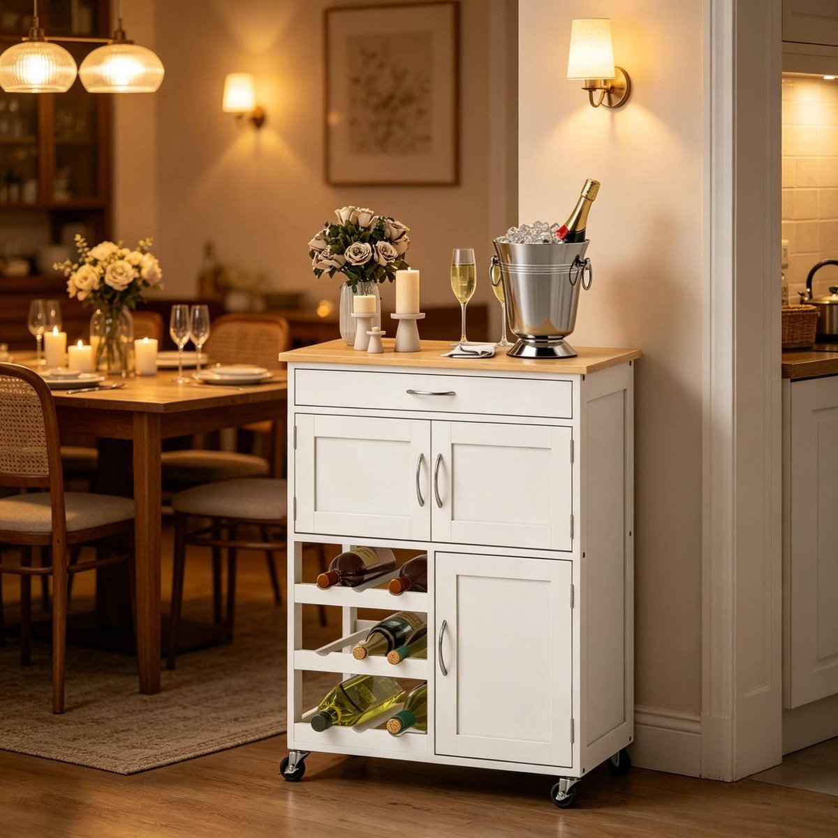 MIVRAY Keukenkast - Compacte Keukenwagen Op Wielen Met Lade En Flessenrek - Ruimtebesparend Voor Keuken En Eethoek - MDF Wit 67x37x87 Cm