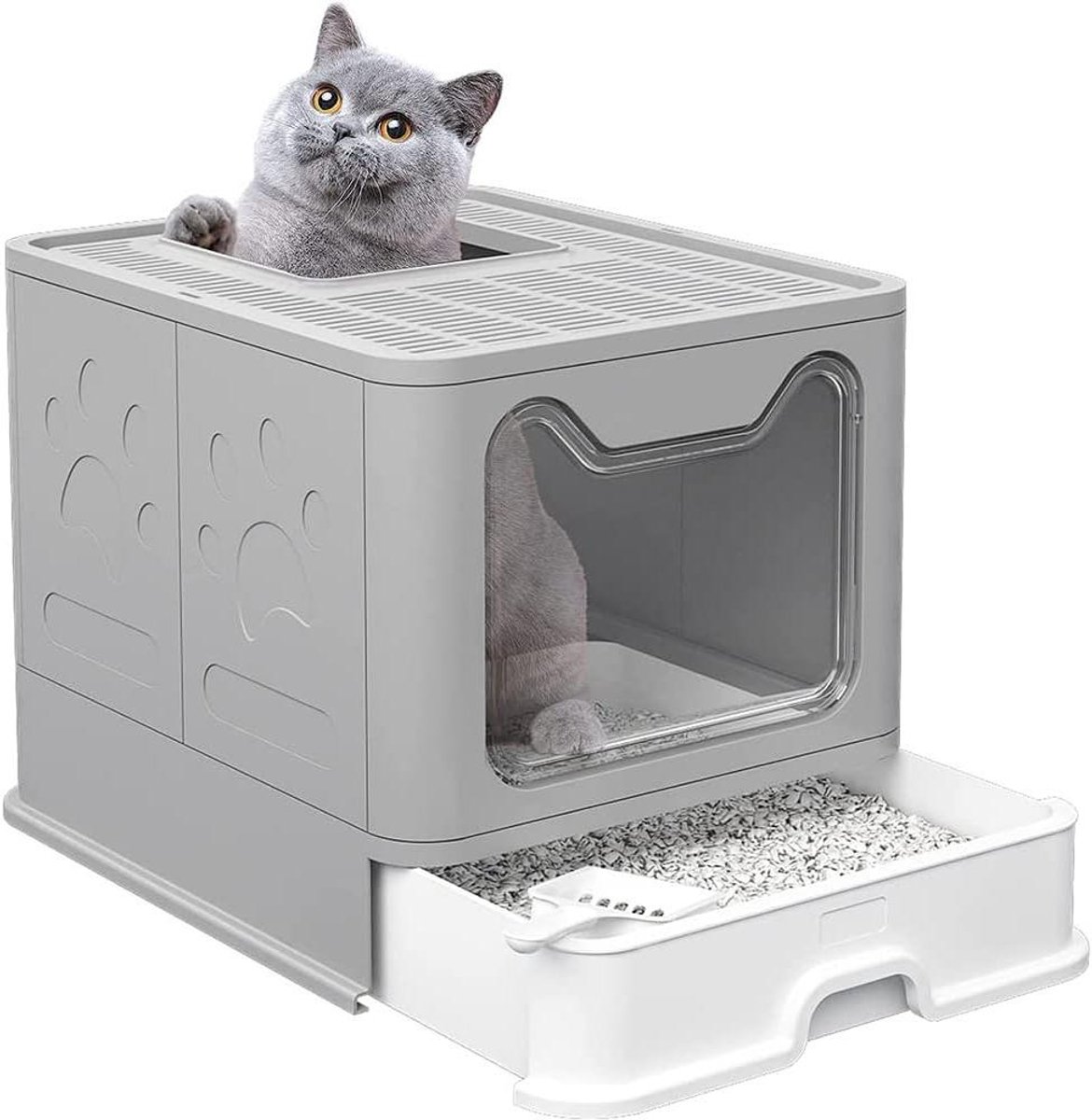 Kattenbak met deksel - Katten toilet - Hygiënisch houden - Lade en schep - 51 x 41 x 38 cm