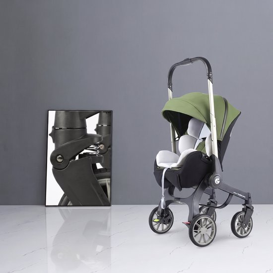 Legergroene kinderwagen op een marmeren vloer, met naast de kinderwagen een ingelijste close-up van de vering.