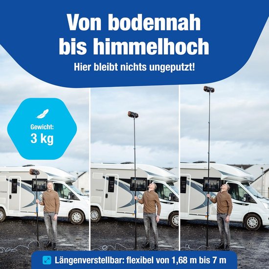 NTG Telescopische wasborstel, 1,68 - 7 m, 3-in-1 borstelkop met extra zachte borstelharen + microvezeldoek en trekker met wateraansluiting + zeepdispenser voor ramen, zonne-energie (tot 3,6 meter) — afbeelding 2