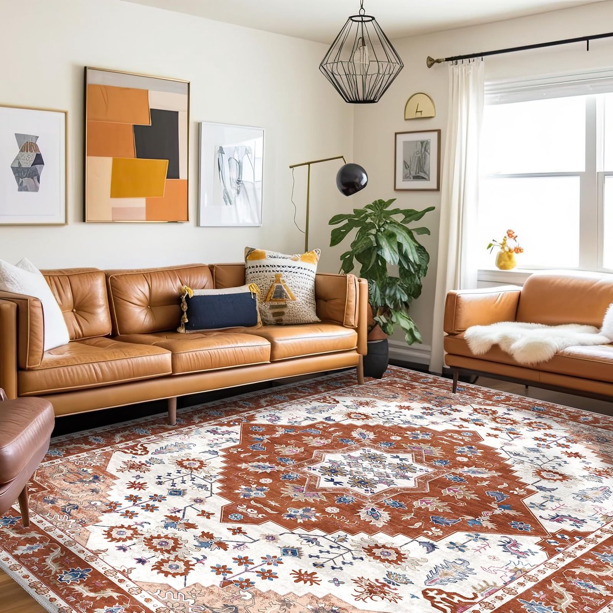 Vloerkleed voor in de woonkamer, wasbaar, vintage, laagpolig tapijt voor slaapkamer en eetkamer, behaaglijk zacht woonkamertapijt, 240 x 340 cm, oranje