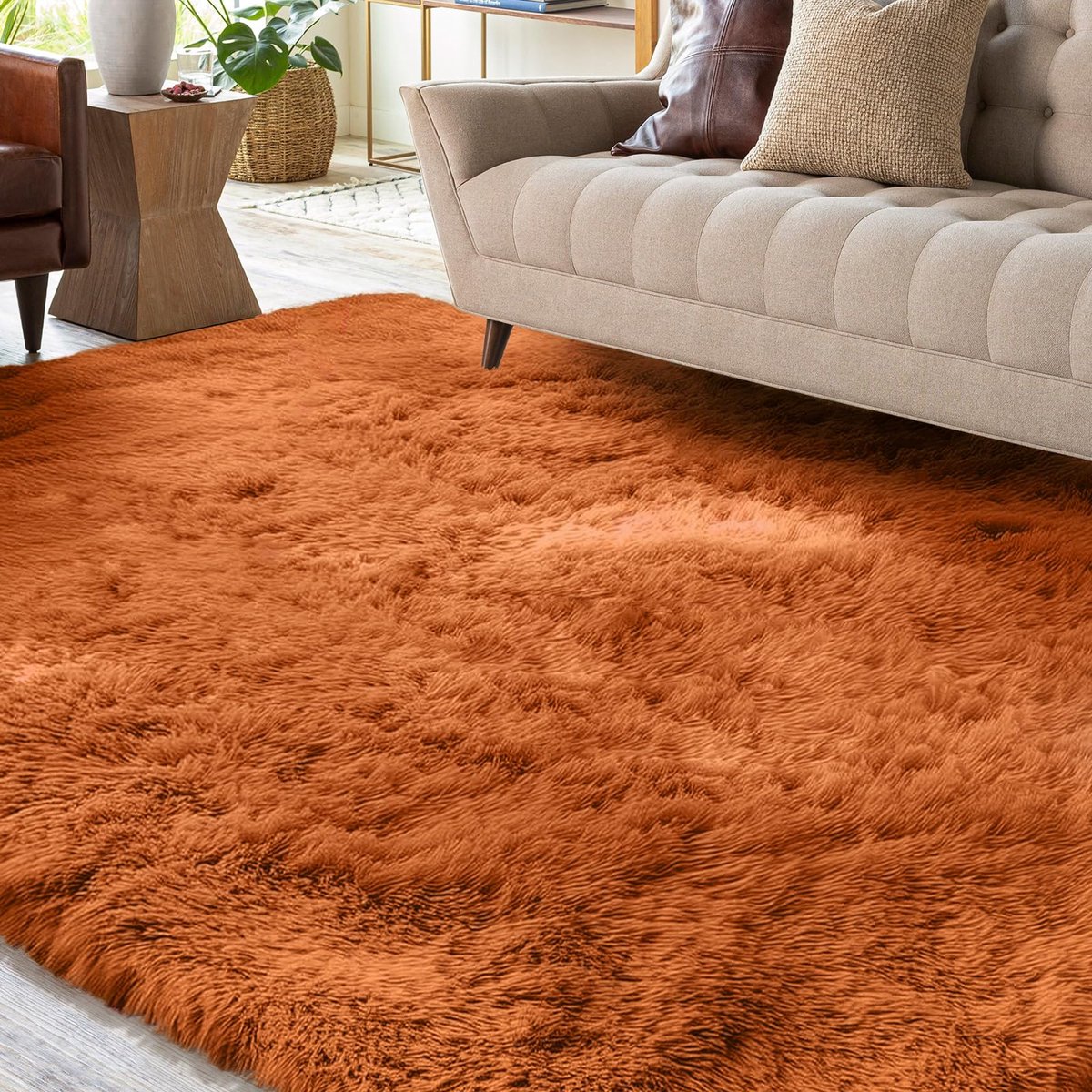 Pluizig hoogpolig tapijt, oranje, wasbaar tapijt, 160 x 230 cm, woonkamer, antislip, extra grote tapijten, slaapkamer, zacht, modern tapijt, mat tapijten voor kinderkamer